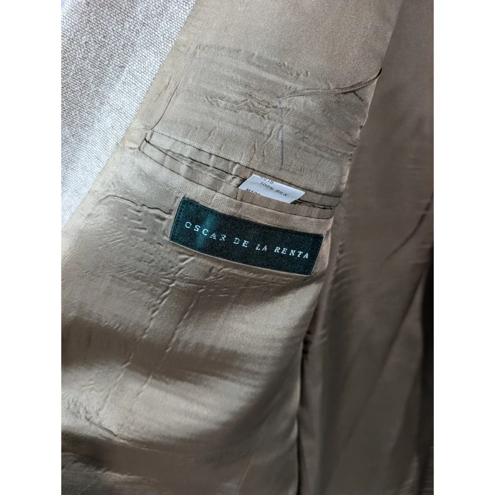 Oscar de la Renta 100% Silk Blazer 46R Beige Tan 2 Button Sport Coat Mens